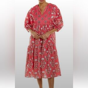 Ro’s Garden Red Coral Floral V-Neck Tiered Midi Dress size S